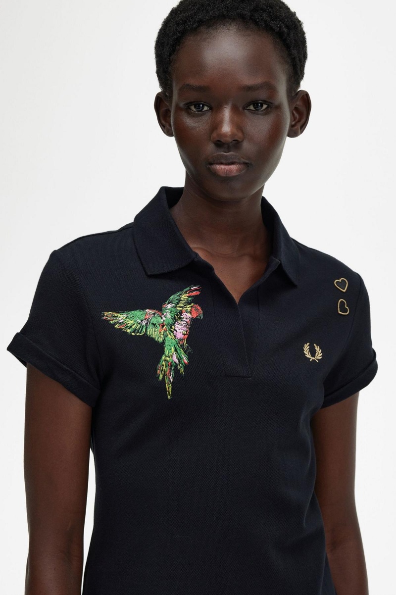 Peignoir Fred Perry Embroidered Piqué Femme Noir | FRJBT49184