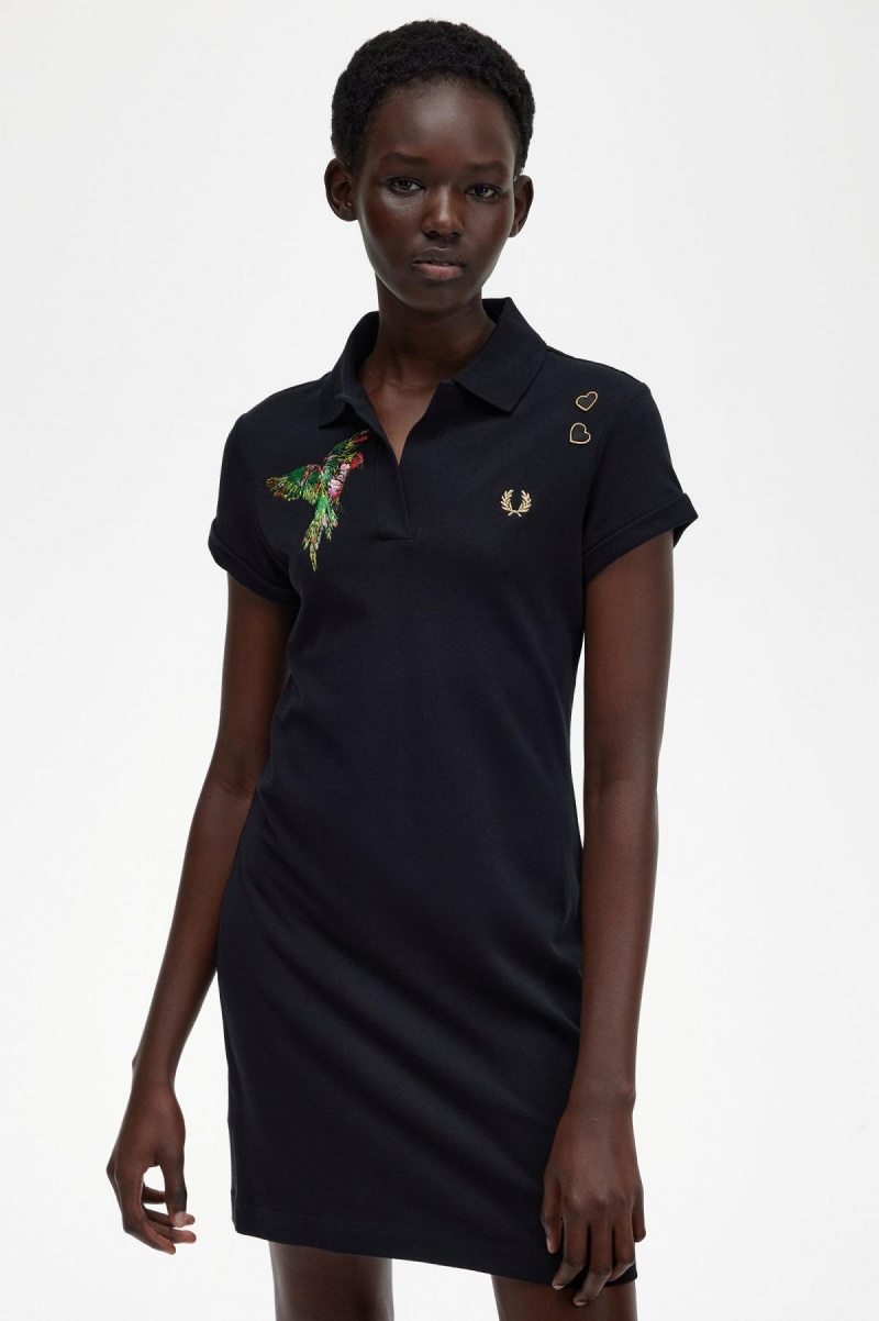 Peignoir Fred Perry Embroidered Piqué Femme Noir | FRJBT49184