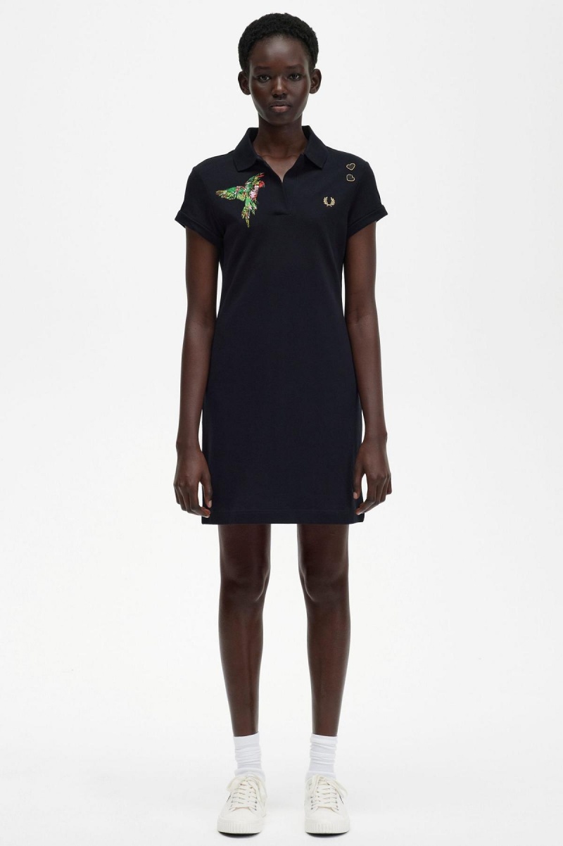 Peignoir Fred Perry Embroidered Piqué Femme Noir | FRJBT49184