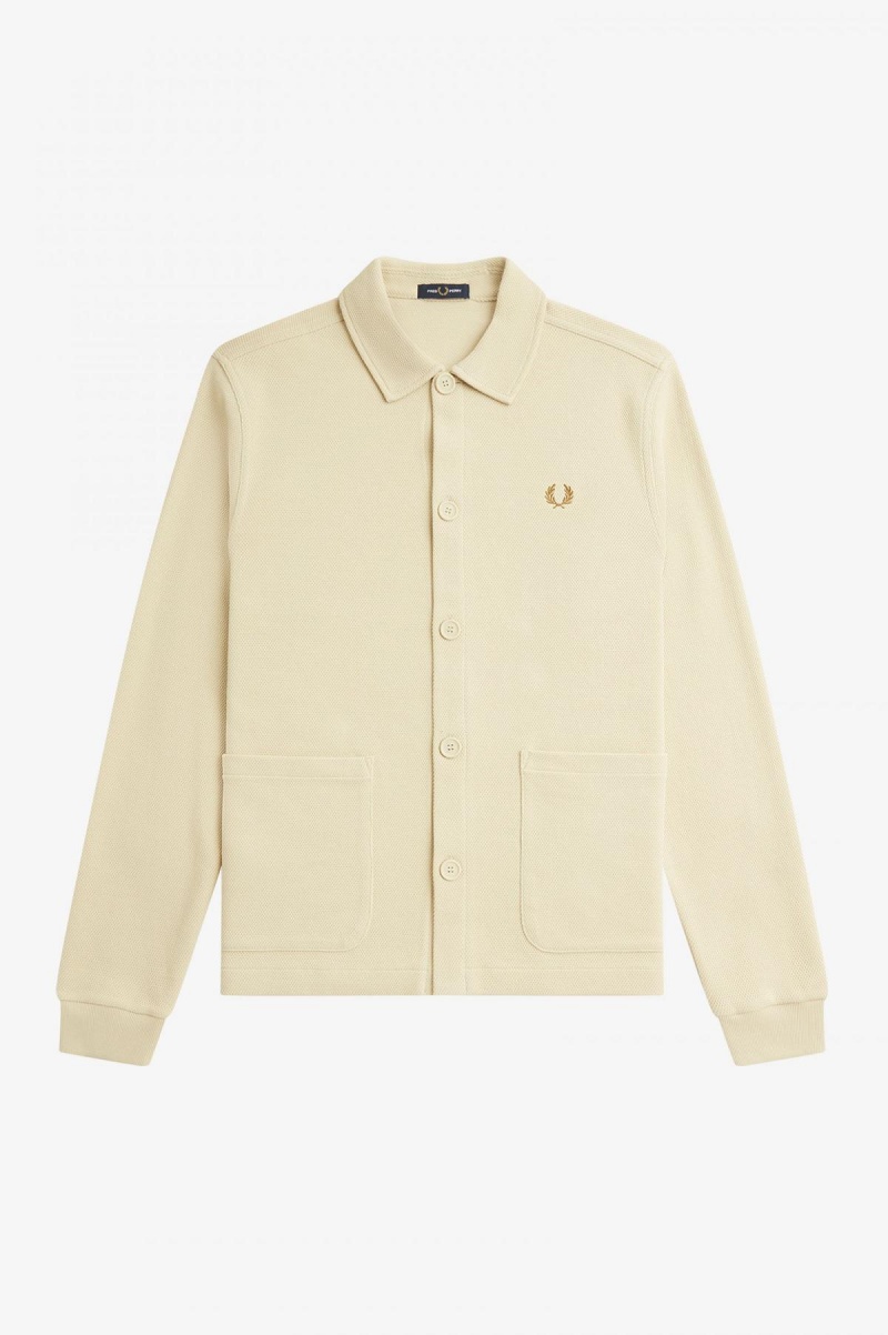 Polos Fred Perry Button Through Long Sleeve Polo Shirt Homme Oatmeal | QFRUV40656