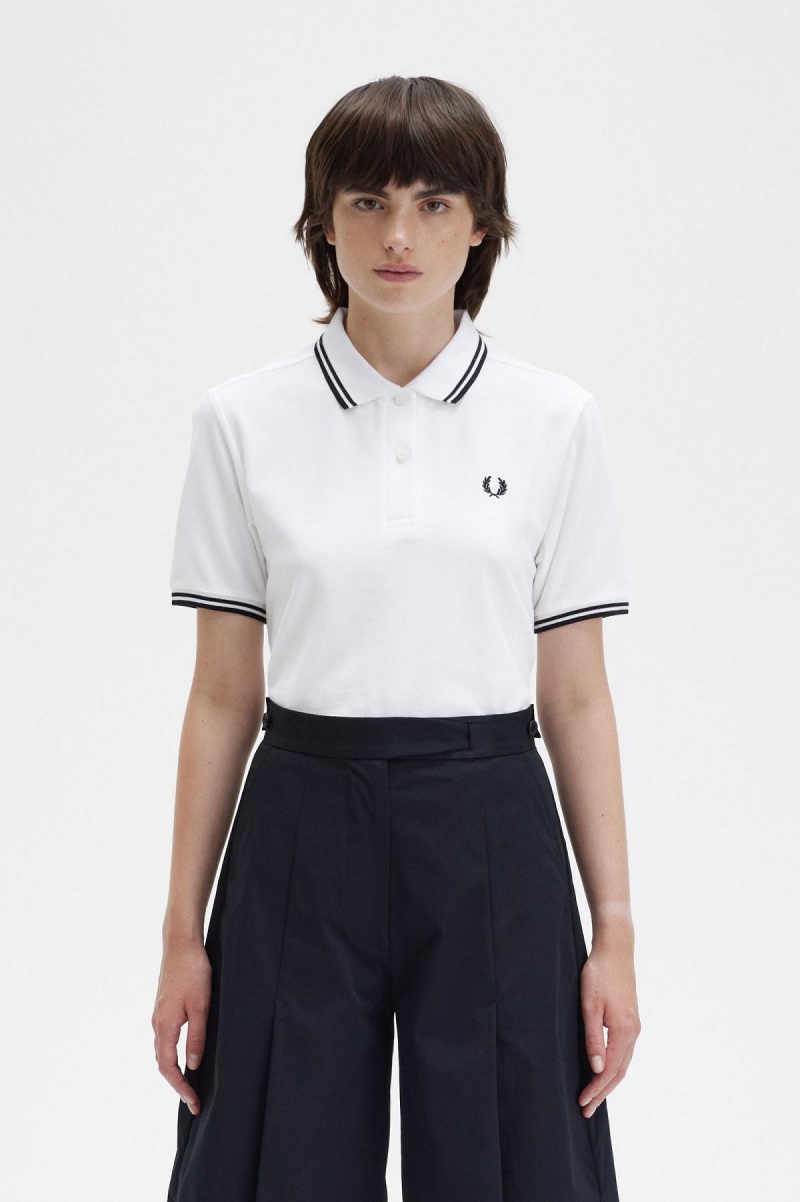 Polos Fred Perry G3600 Femme Blanche Noir Noir | FRDFL97406