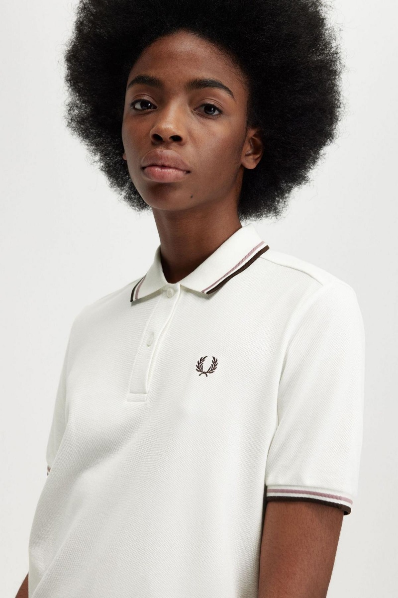 Polos Fred Perry G3600 Femme Blanche Rose Foncé | SFRNY60235