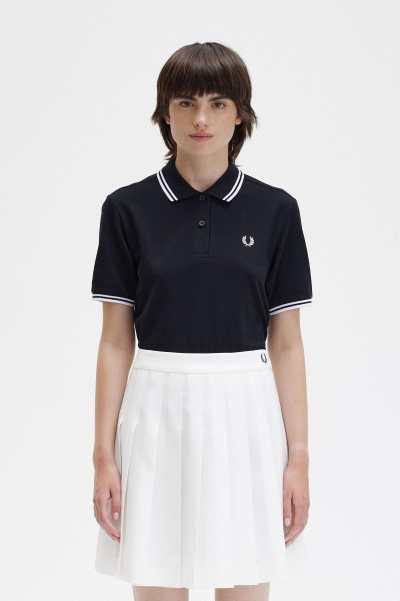 Polos Fred Perry G3600 Femme Noir Blanche Blanche | FFRHY71106