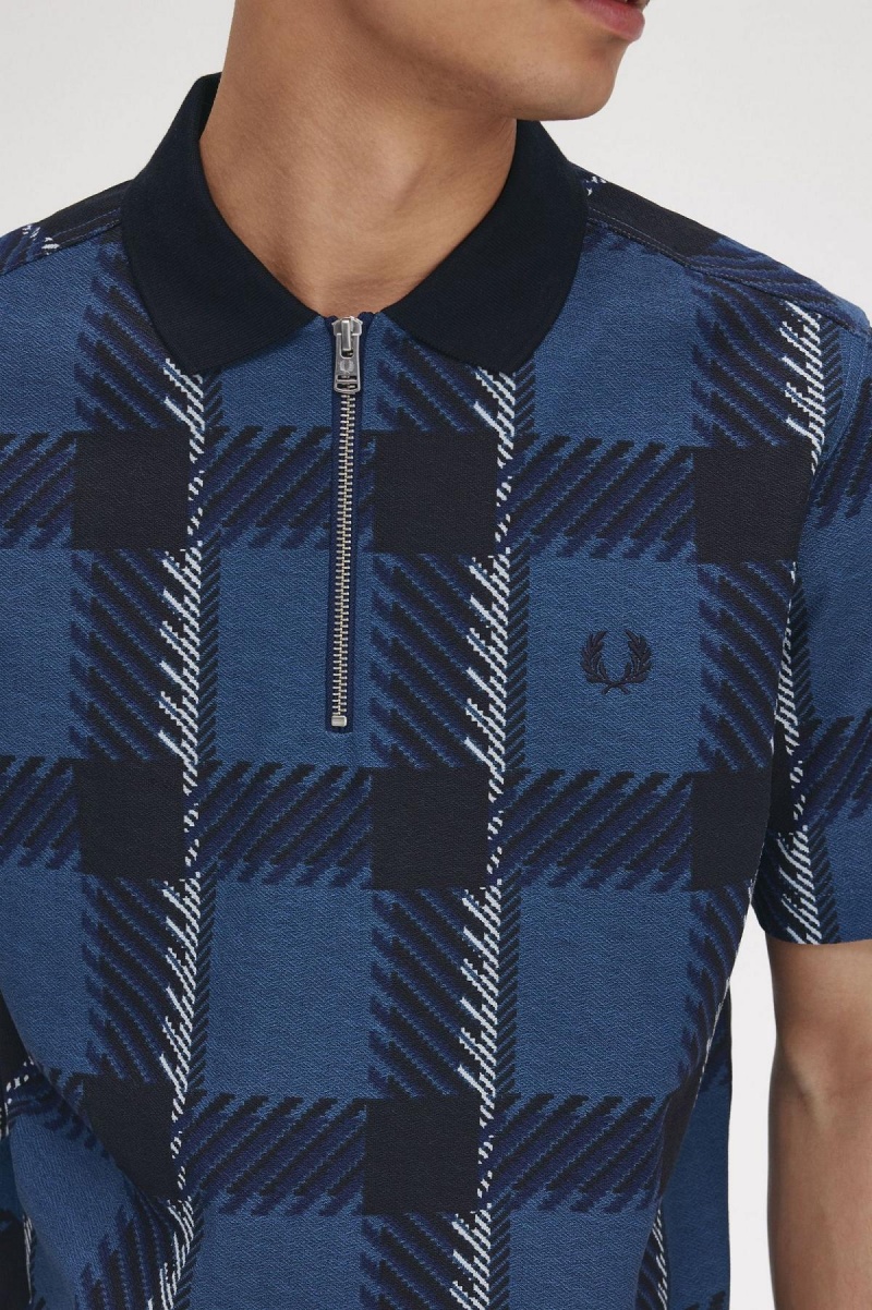 Polos Fred Perry Glitch Tartan Zip Neck Polo Shirt Homme Bleu | EFRHC50852