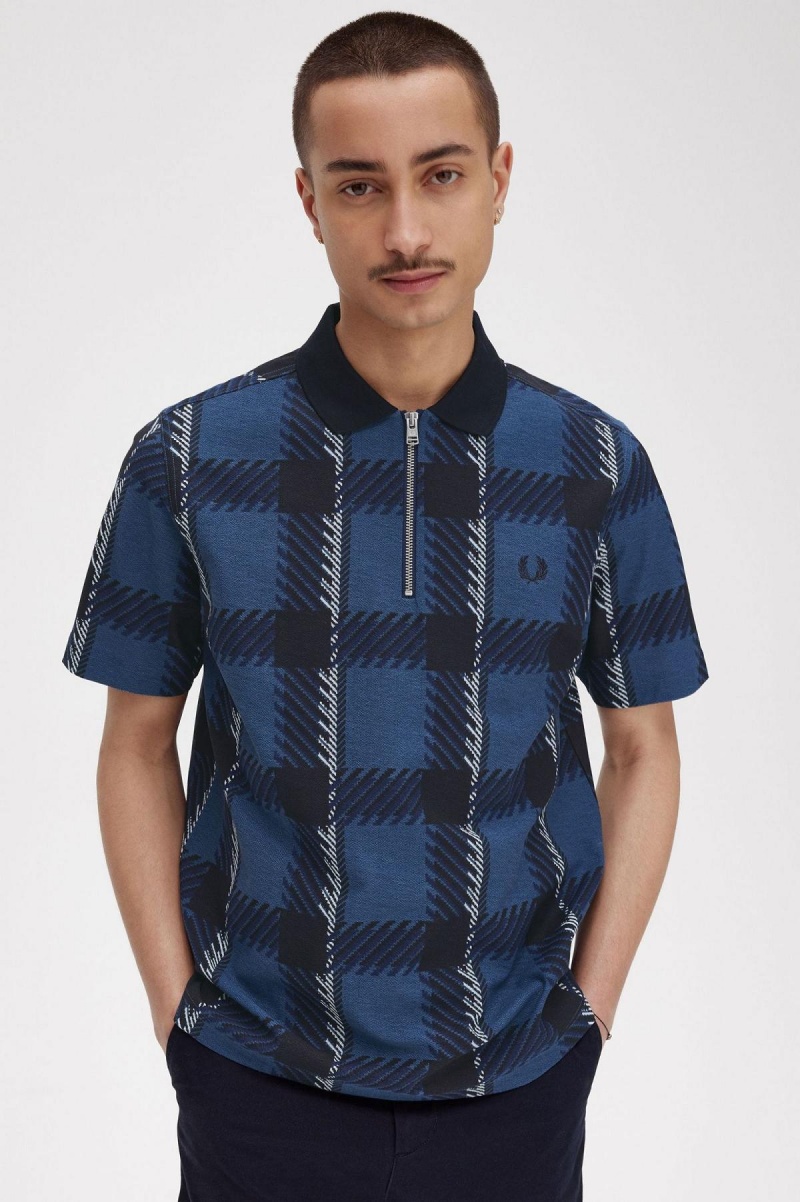 Polos Fred Perry Glitch Tartan Zip Neck Polo Shirt Homme Bleu | EFRHC50852