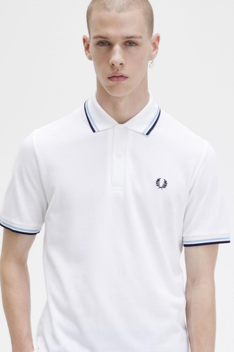 Polos Fred Perry M12 Homme Blanche Bleu Marine | FRCVG10279