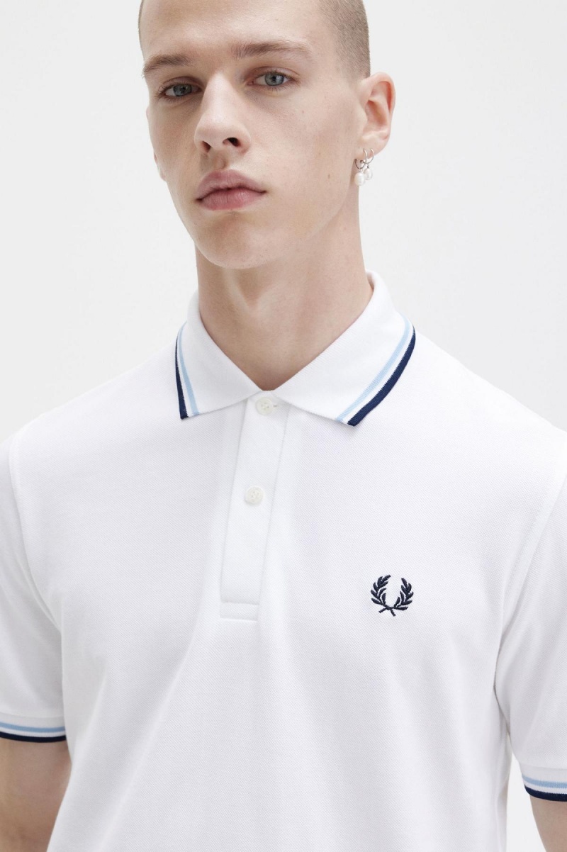 Polos Fred Perry M12 Homme Blanche Bleu Marine | FRCVG10279