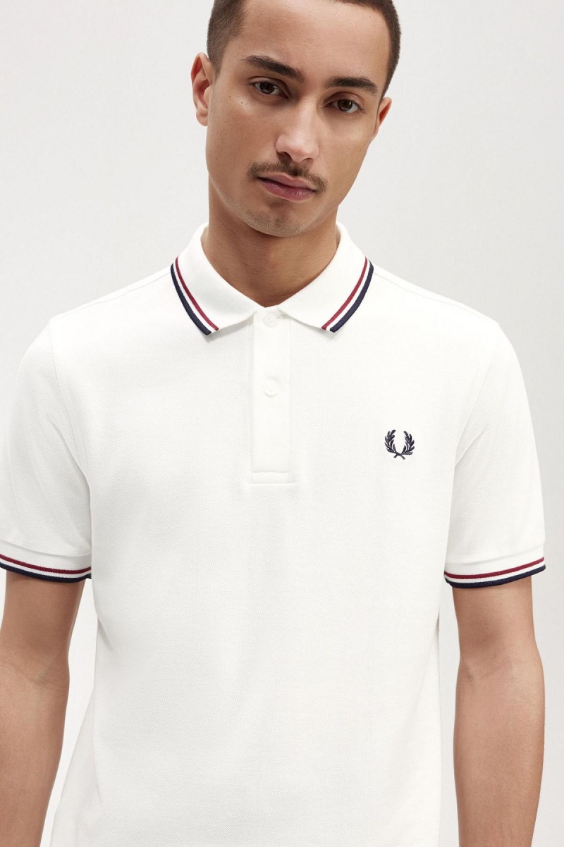 Polos Fred Perry M3600 Homme Blanche Rouge Bleu Marine | LFRSX44557