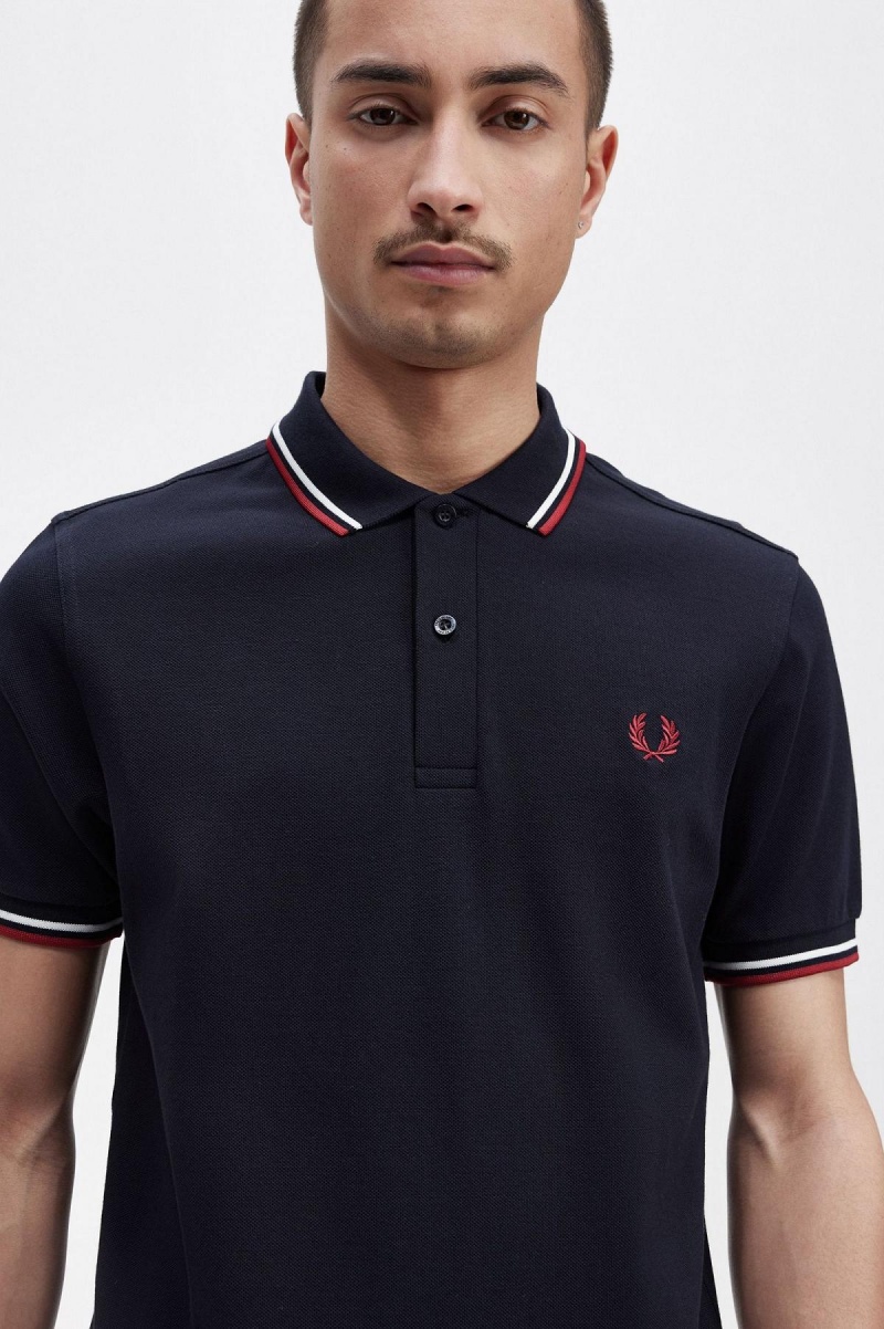 Polos Fred Perry M3600 Homme Bleu Marine Blanche Rouge | UFRTG37751