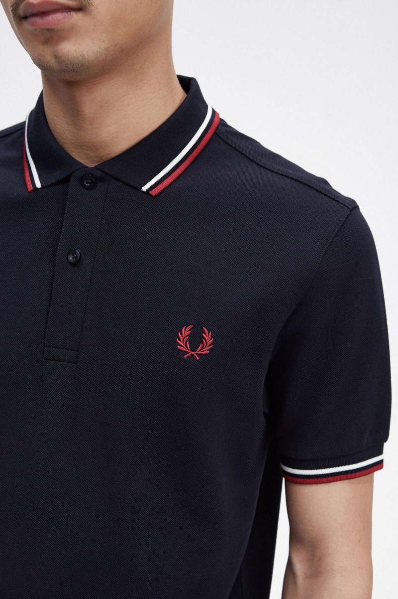 Polos Fred Perry M3600 Homme Bleu Marine Blanche Rouge | UFRTG37751