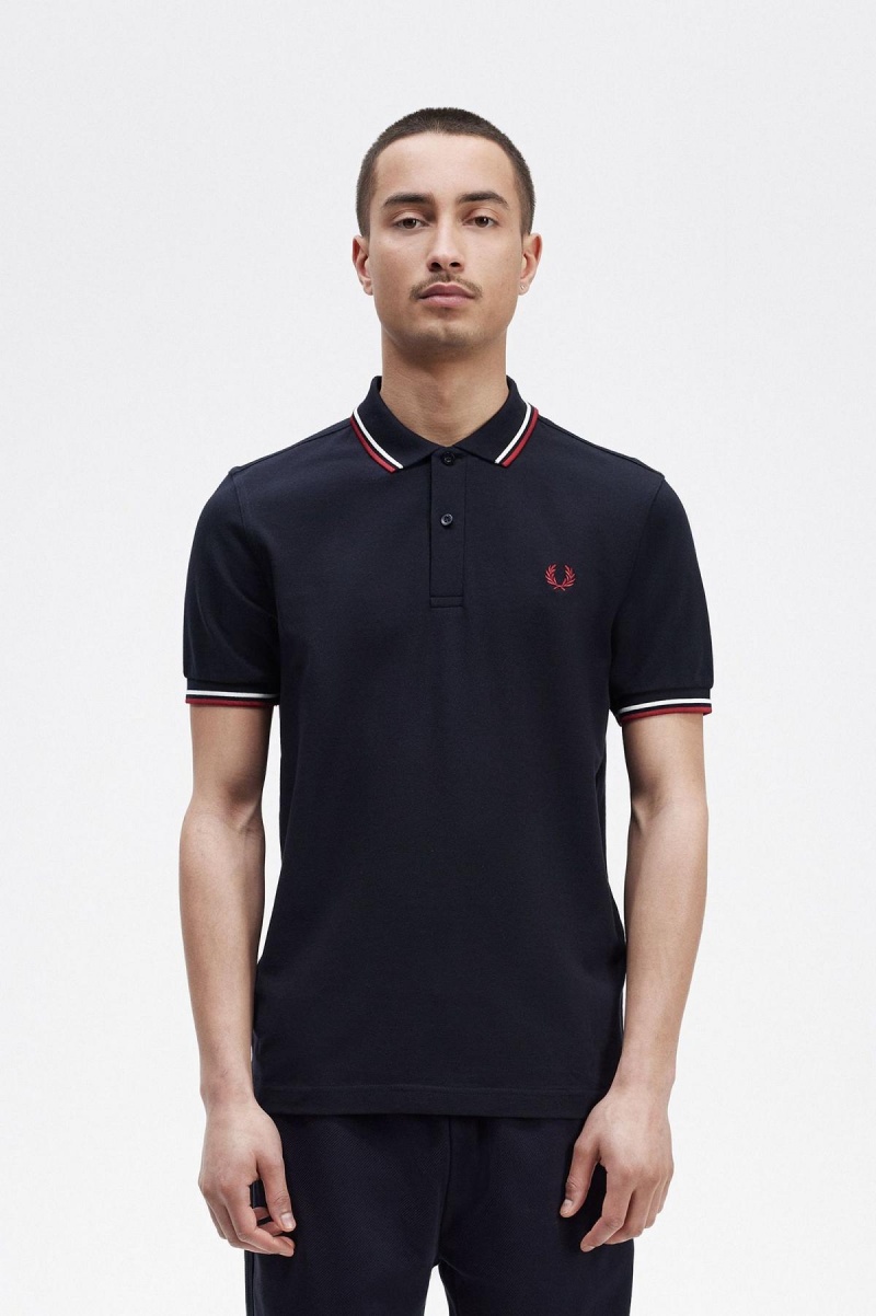 Polos Fred Perry M3600 Homme Bleu Marine Blanche Rouge | UFRTG37751