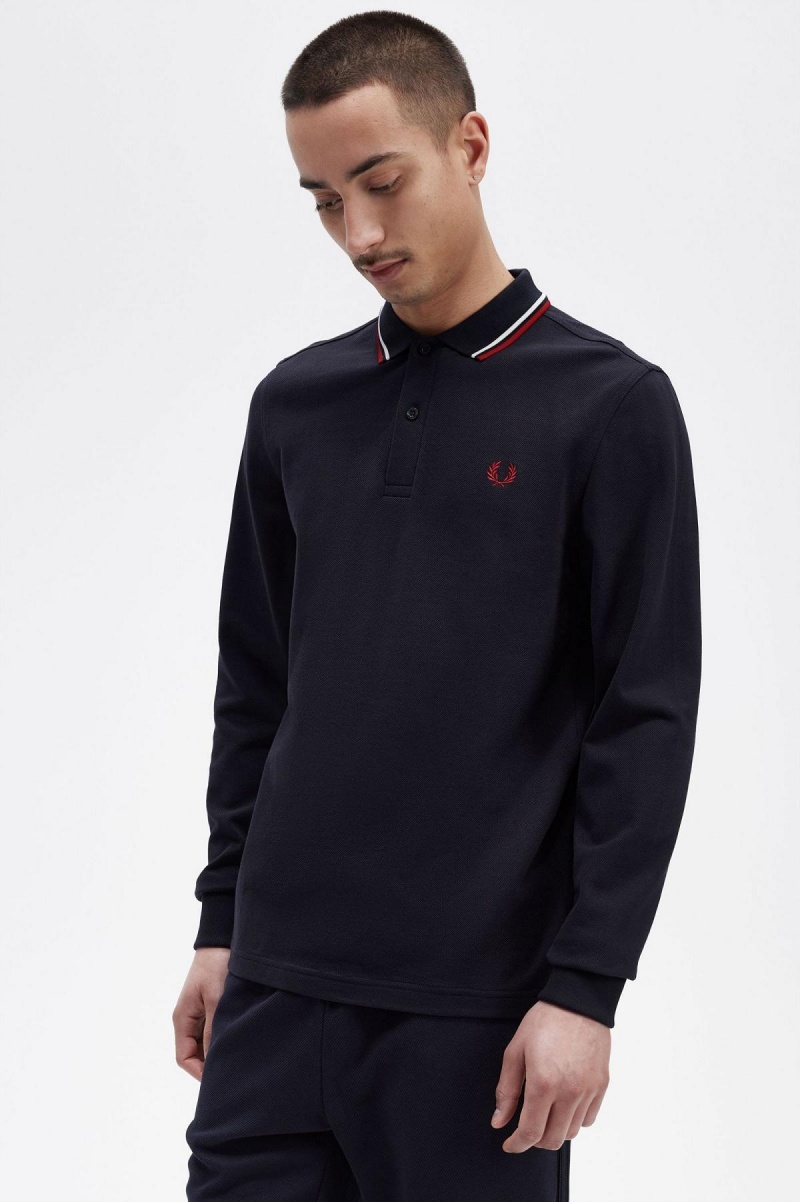 Polos Fred Perry M3636 Homme Bleu Marine Blanche Rouge | MFRHR45962