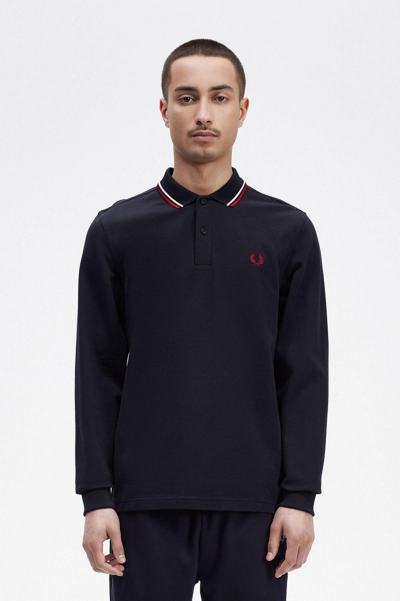 Polos Fred Perry M3636 Homme Bleu Marine Blanche Rouge | MFRHR45962