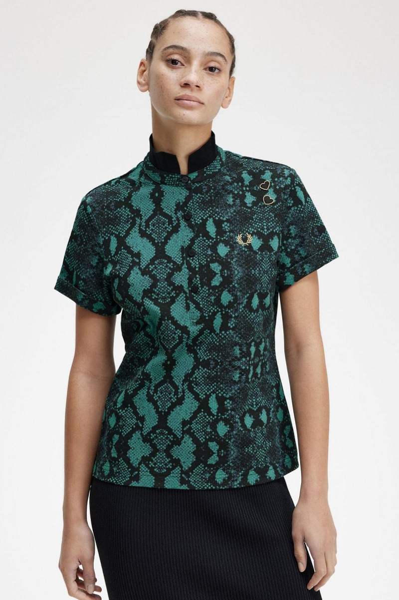 Polos Fred Perry Snake Print Femme Menthe Foncé | XFRGW64425