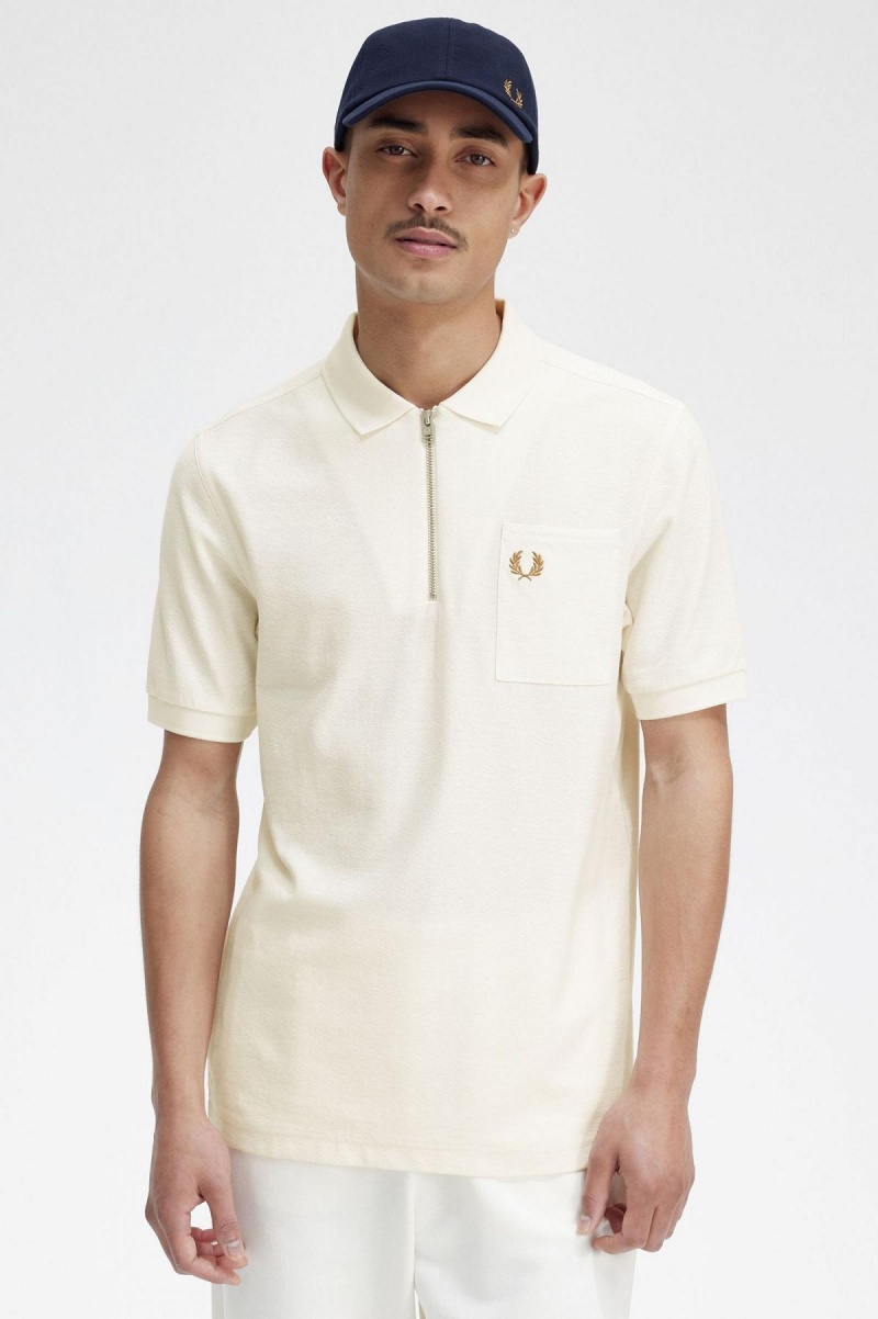 Polos Fred Perry Textured Zip Neck Polo Shirt Homme Ecru | FRICD73259