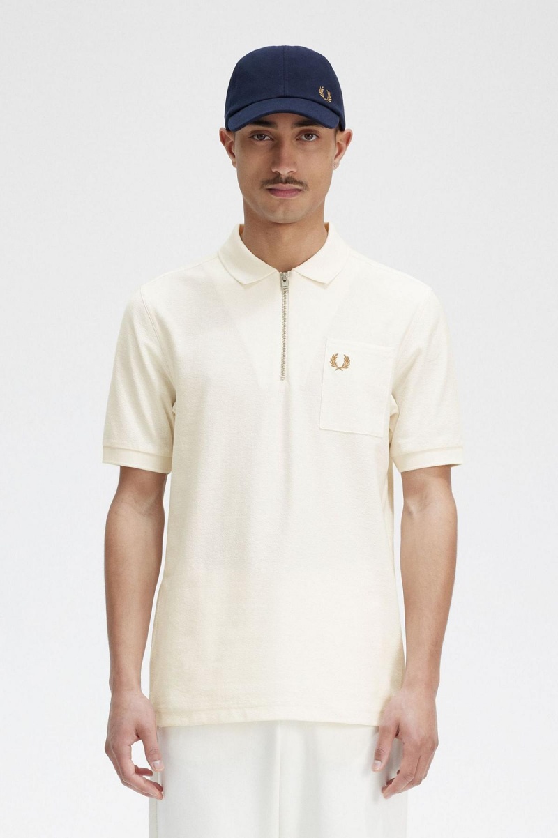 Polos Fred Perry Textured Zip Neck Polo Shirt Homme Ecru | FRICD73259