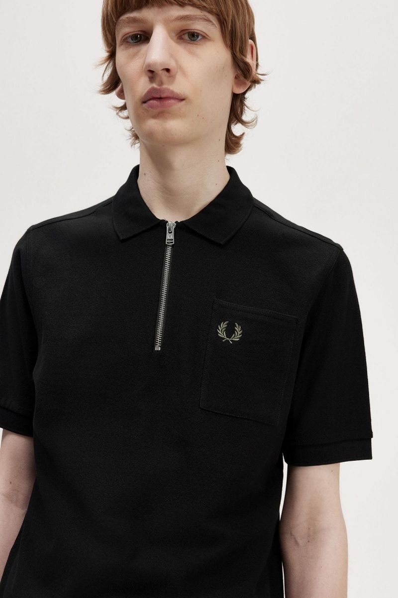 Polos Fred Perry Textured Zip Neck Polo Shirt Homme Noir | LFRTR54151