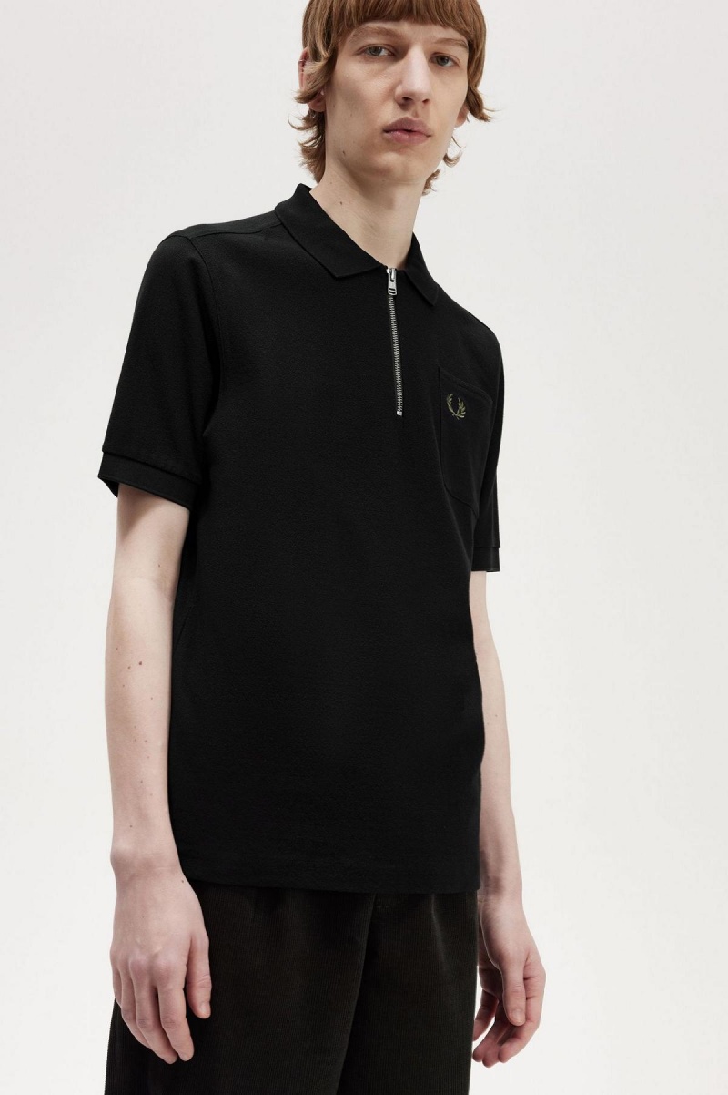 Polos Fred Perry Textured Zip Neck Polo Shirt Homme Noir | LFRTR54151