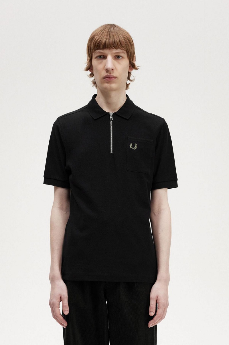 Polos Fred Perry Textured Zip Neck Polo Shirt Homme Noir | LFRTR54151