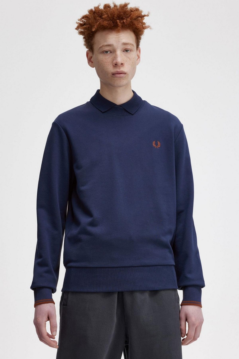 Sweats Fred Perry Crew Neck Homme Bleu Marine Marron | FRIIZ85332