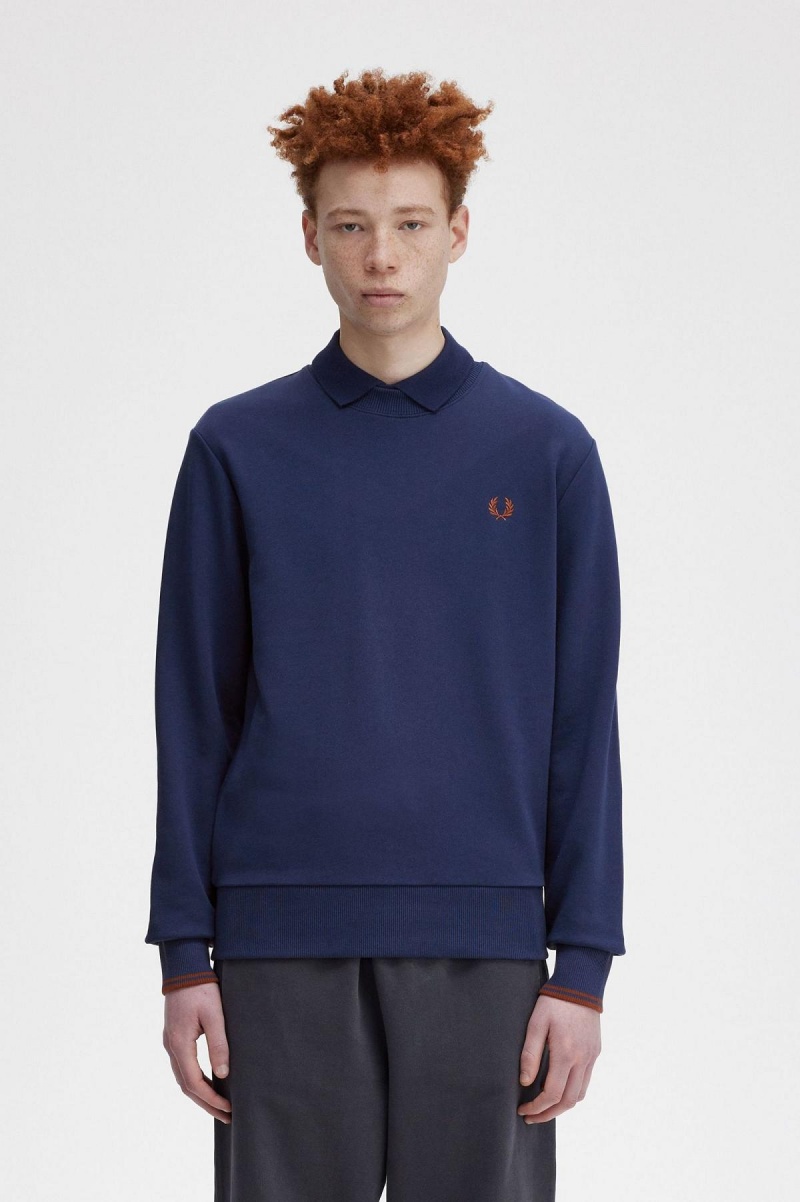 Sweats Fred Perry Crew Neck Homme Bleu Marine Marron | FRIIZ85332