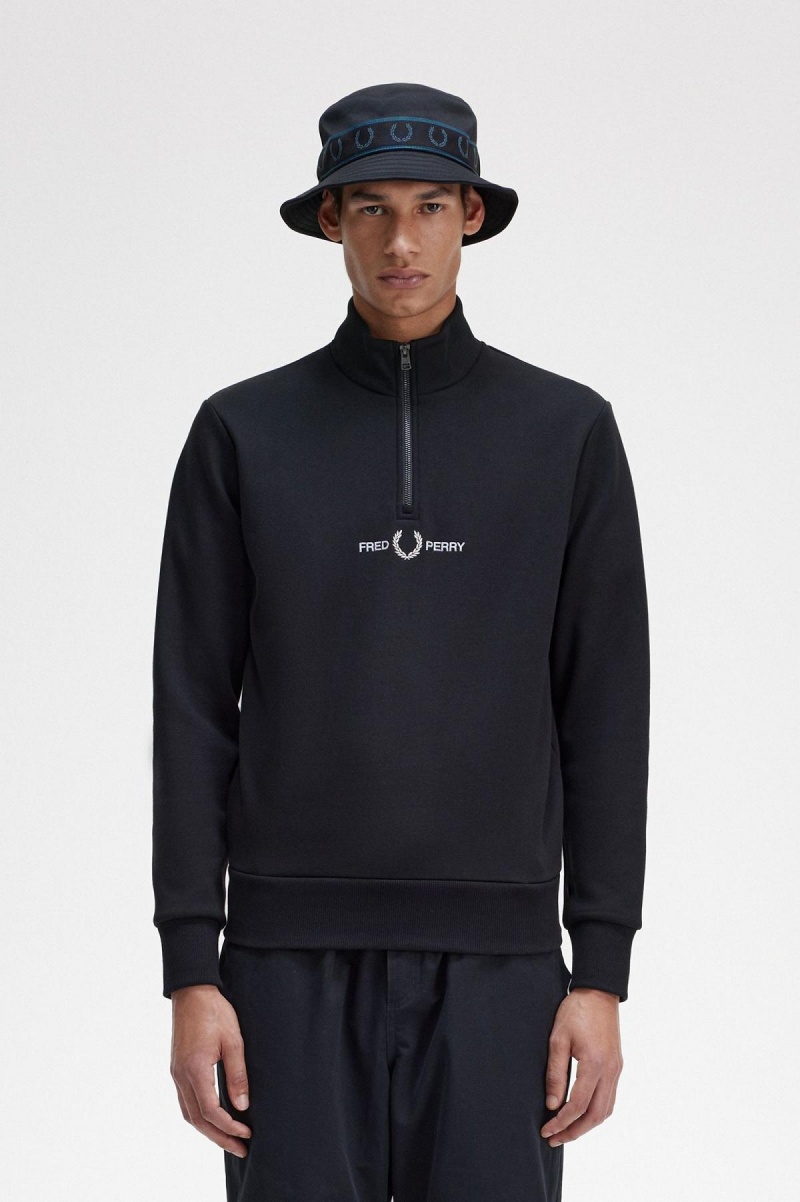 Sweats Fred Perry Embroidered Half Zip Homme Noir | TFRWZ26103