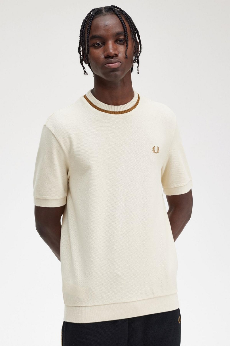 T Shirts Fred Perry Crew Neck Piqué Homme Oatmeal | FRNEJ46891