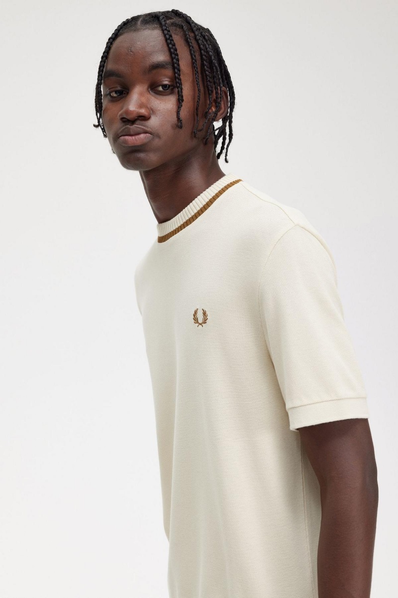 T Shirts Fred Perry Crew Neck Piqué Homme Oatmeal | FRNEJ46891