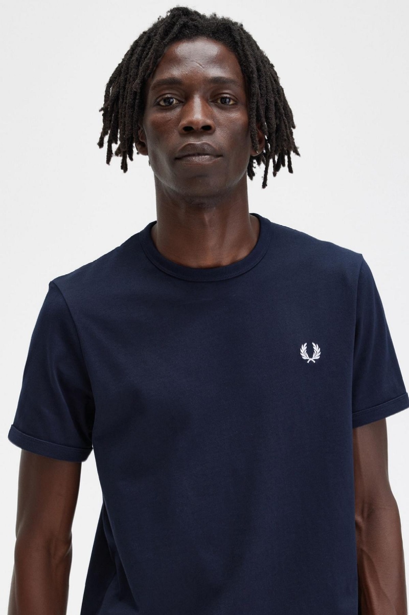 T Shirts Fred Perry Ringer Homme Bleu Marine | QFRUV21284