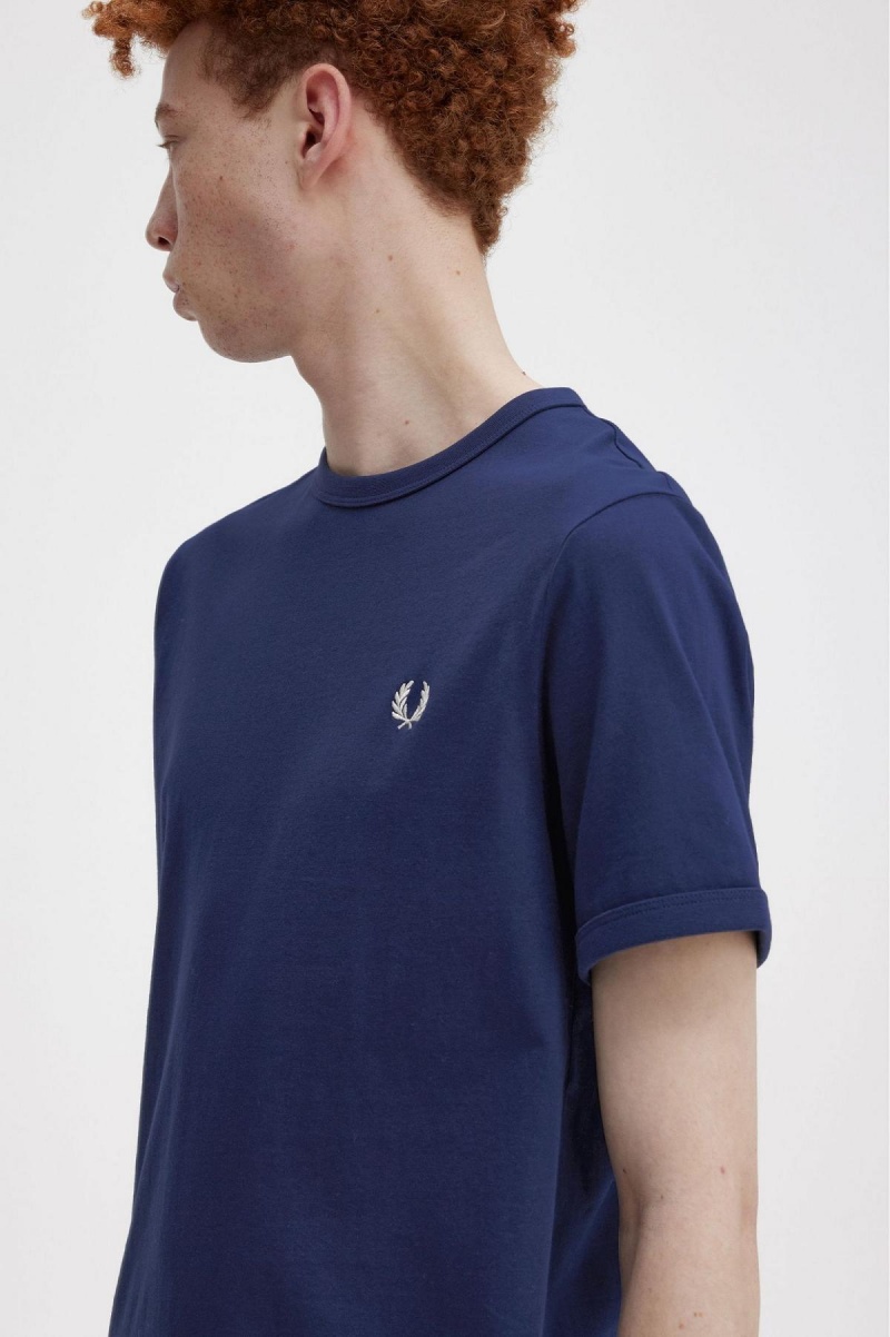 T Shirts Fred Perry Ringer Homme Bleu Marine Blanche | EFRHC96163