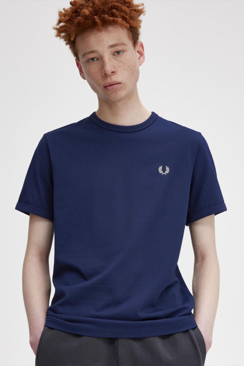 T Shirts Fred Perry Ringer Homme Bleu Marine Blanche | EFRHC96163