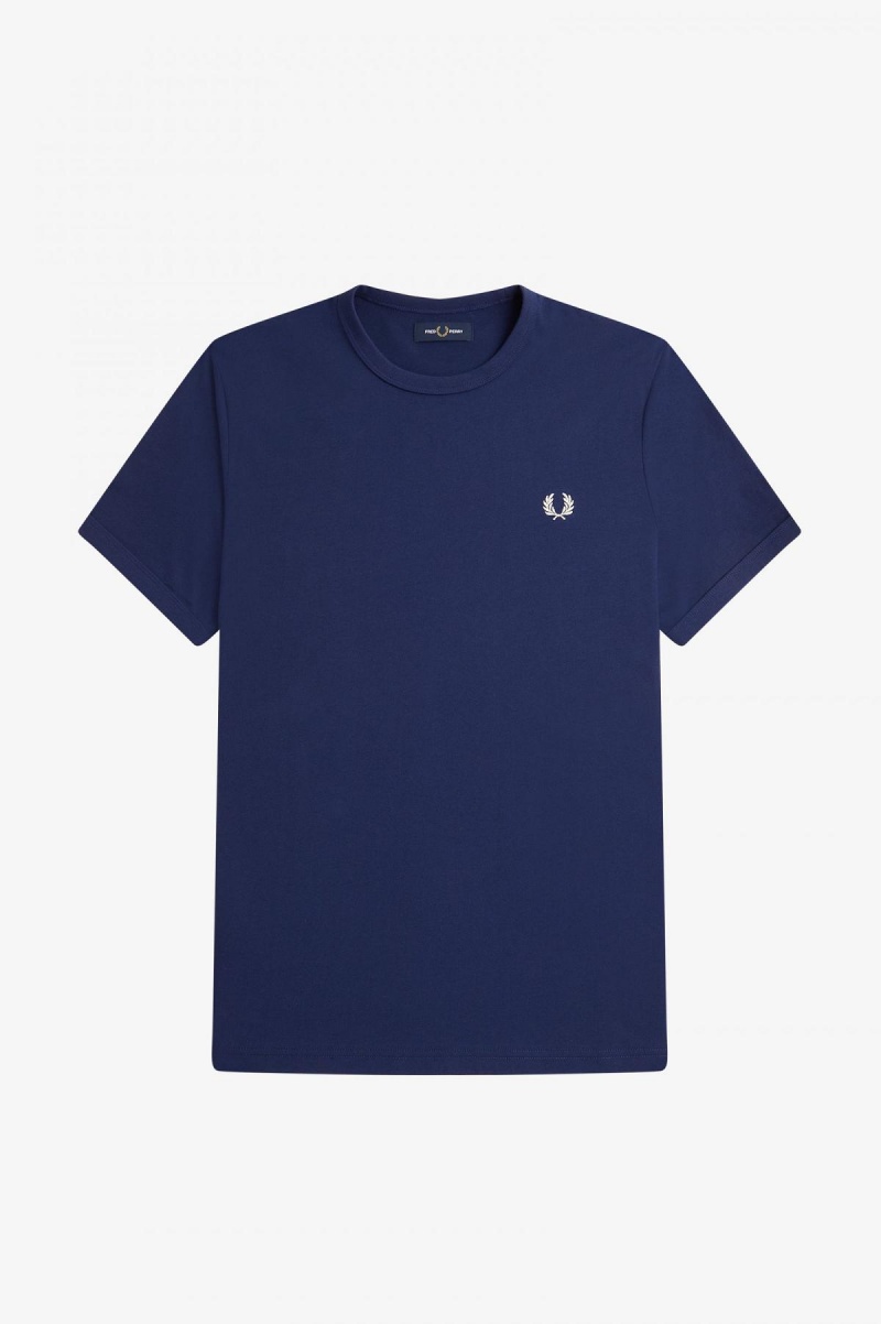 T Shirts Fred Perry Ringer Homme Bleu Marine Blanche | EFRHC96163