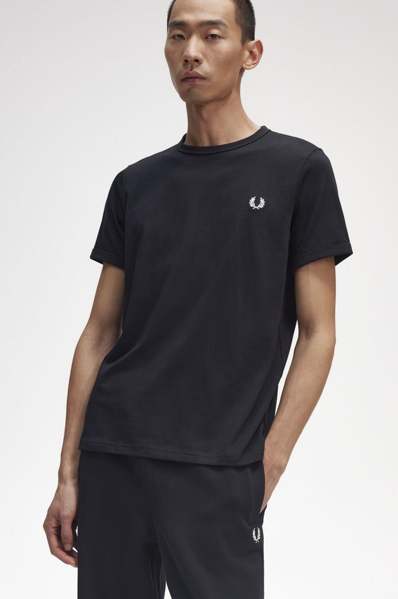 T Shirts Fred Perry Ringer Homme Noir | FFRHY62365