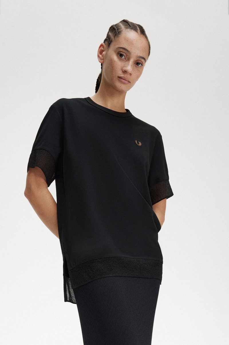 T Shirts Fred Perry Sheer Trim Piqué Femme Noir | SFRNY36784