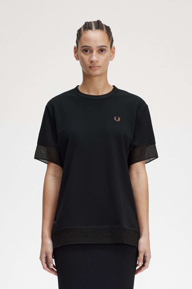 T Shirts Fred Perry Sheer Trim Piqué Femme Noir | SFRNY36784